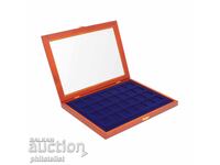 Cutie din lemn, vitrina - SIGUR pentru 28 monede pana la 40 mm