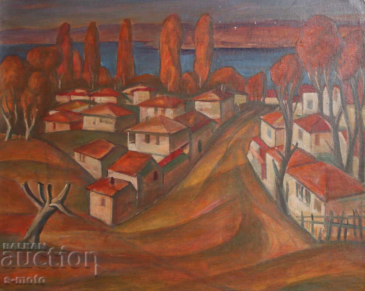 Stoyan Domuschiev (1935 - 2021) ulei pe pânză peisaj rural cu preț 1100.00 BGN | € 562.42