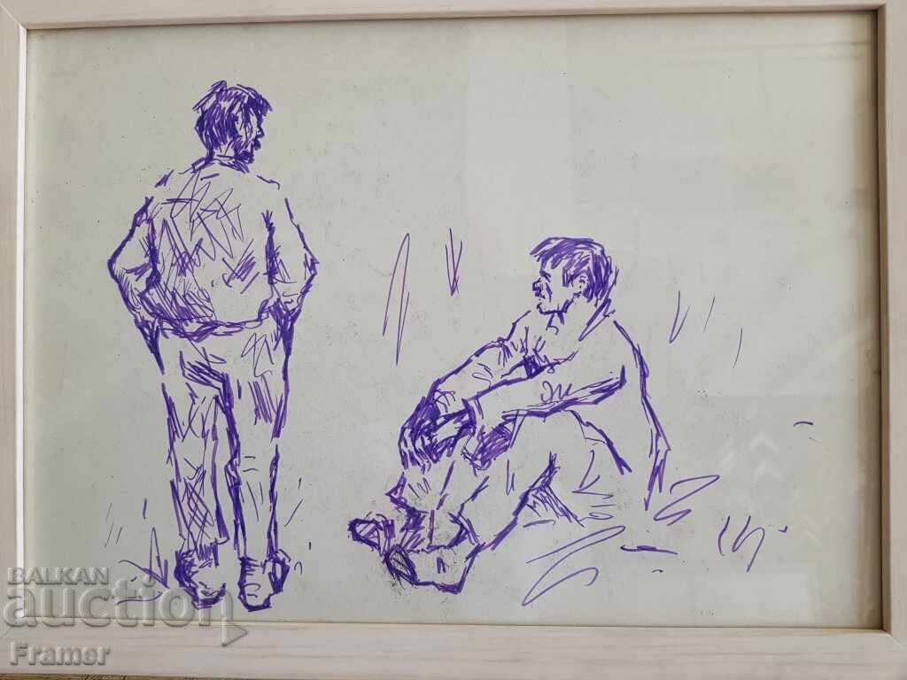 Auction  Alexander Zhendov Original Ink Drawing Conversation