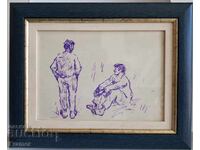 Alexander Zhendov Original Ink Drawing Conversation