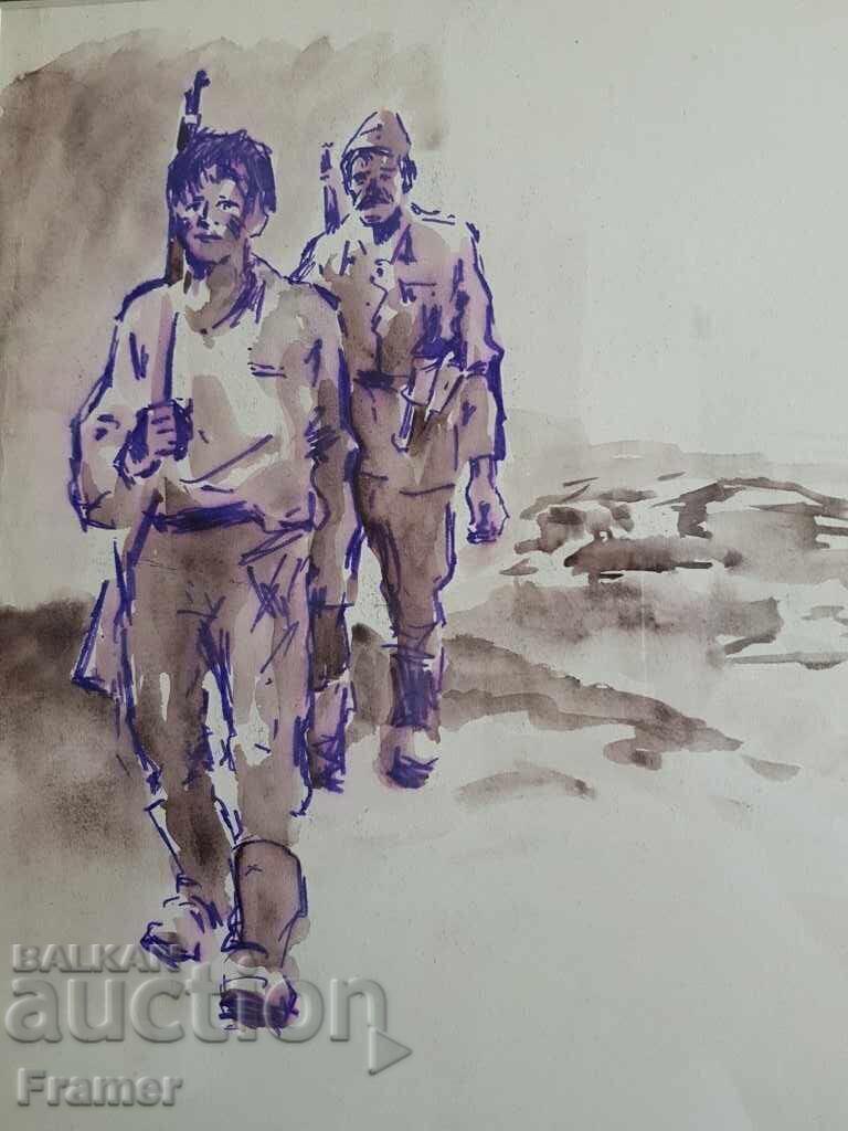 Alexander Zhendov Original Ink Drawing Partisans - 6 Alexander Zhendov Original Ink Drawing Partisans - 6