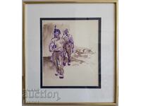 Александър Жендов Оригинална рисунка цветен туш Партизани