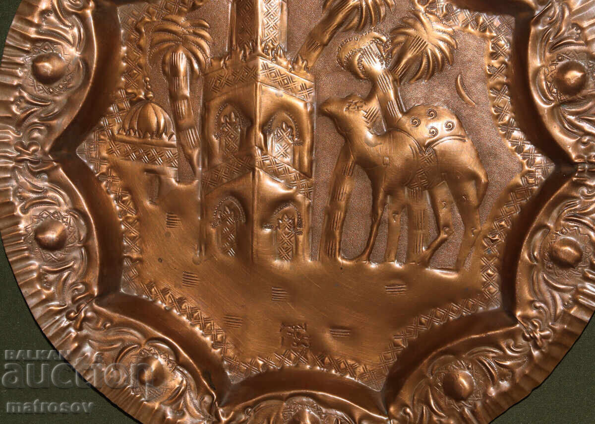 Farfurie de cupru veche, lucrată manual, decorațiune de perete - 6