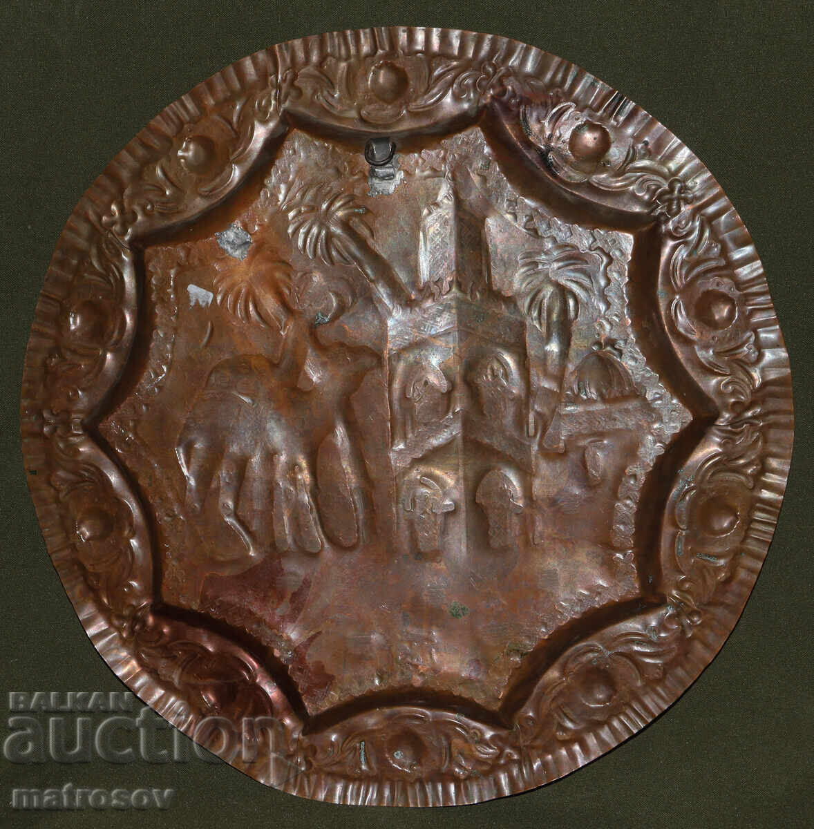 Farfurie de cupru veche, lucrată manual, decorațiune de perete - 7