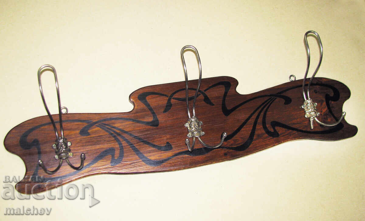 Large Art Nouveau wooden wall coat rack, excellent condition - 5
