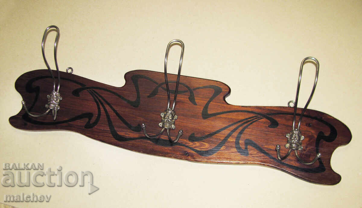Large Art Nouveau wooden wall coat rack, excellent condition - 6