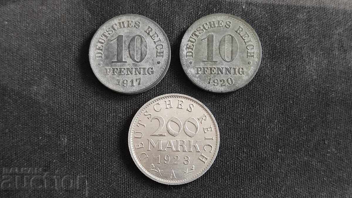 German Empire Lot of 10 Pfennig 1917, 1920 and 200 Mark 1923