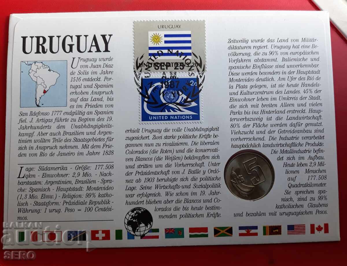 Auction Uruguay - 5 Pesos 1980 and postage stamp in a beautiful envelope Auction Uruguay - 5 Pesos 1980 and postage stamp in a beautiful envelope