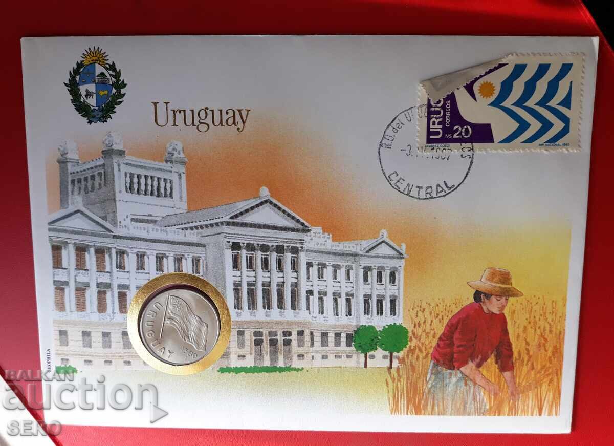 Uruguay - 5 Pesos 1980 and postage stamp in a beautiful envelope Uruguay - 5 Pesos 1980 and postage stamp in a beautiful envelope