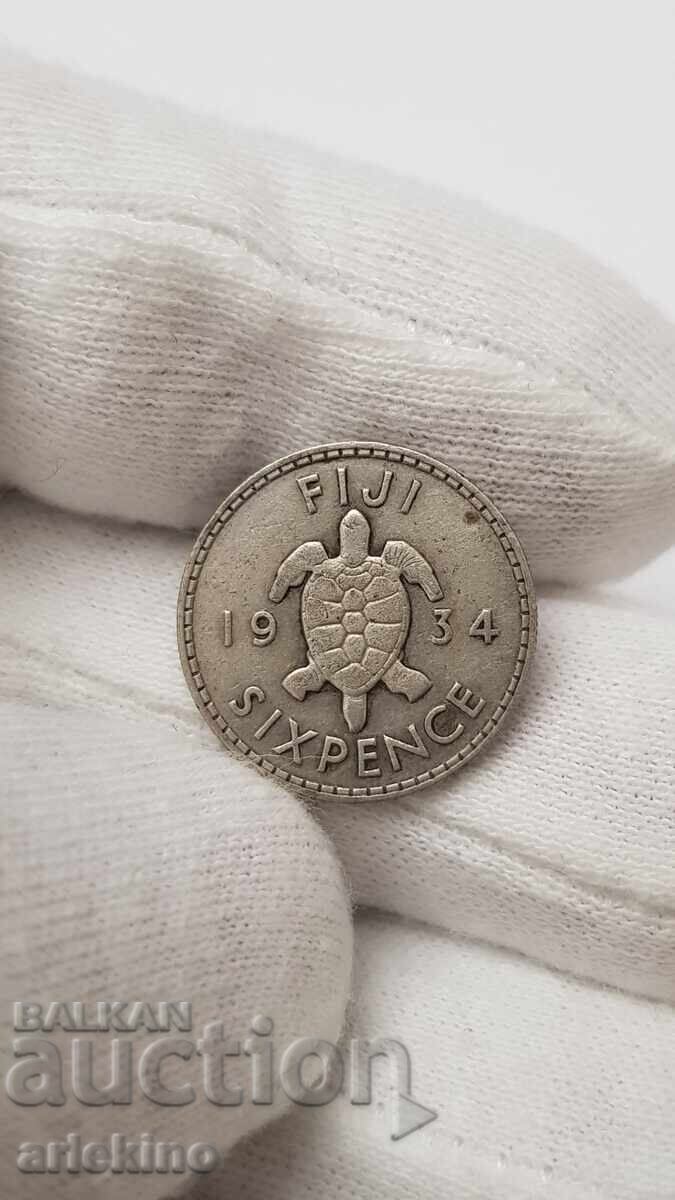 Livrarea Monedă rară de argint 6 pence 1934 Insula Fuji