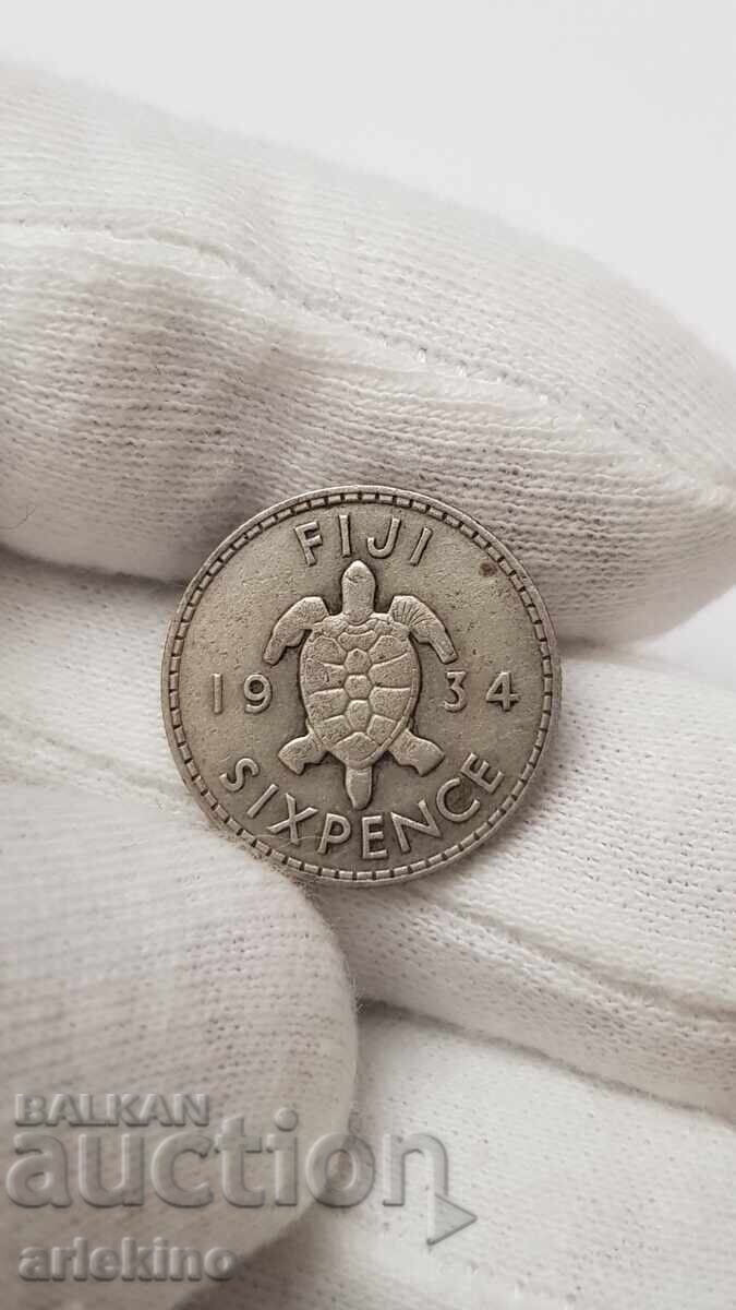 Rare Silver Coin 6 Pence 1934 Fuji Island - 6