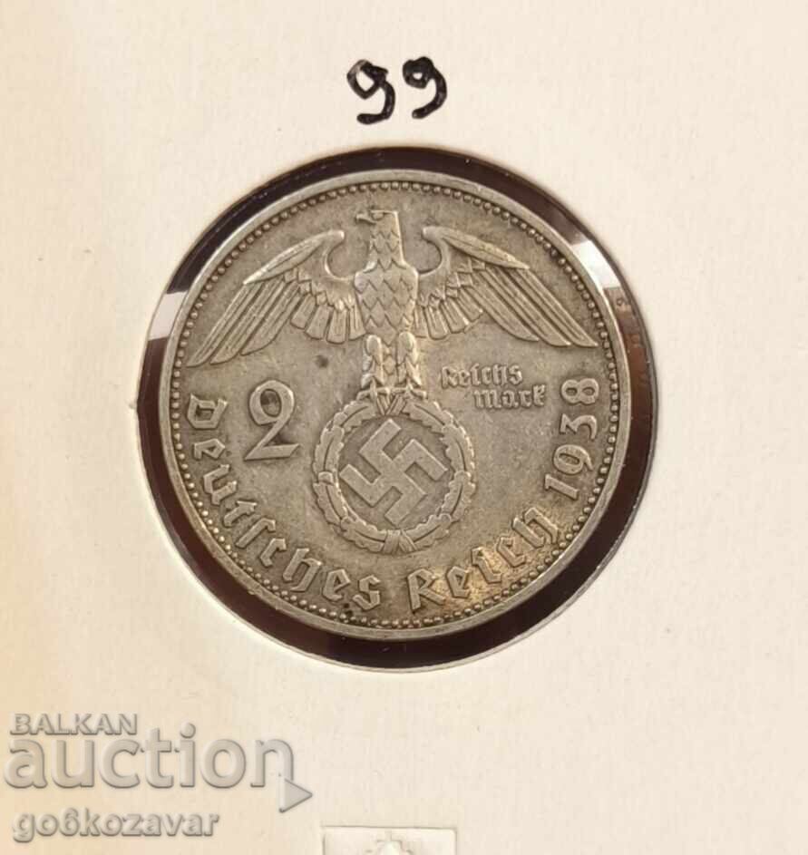 Germany Third Reich 2 Marks 1938 Silver!
