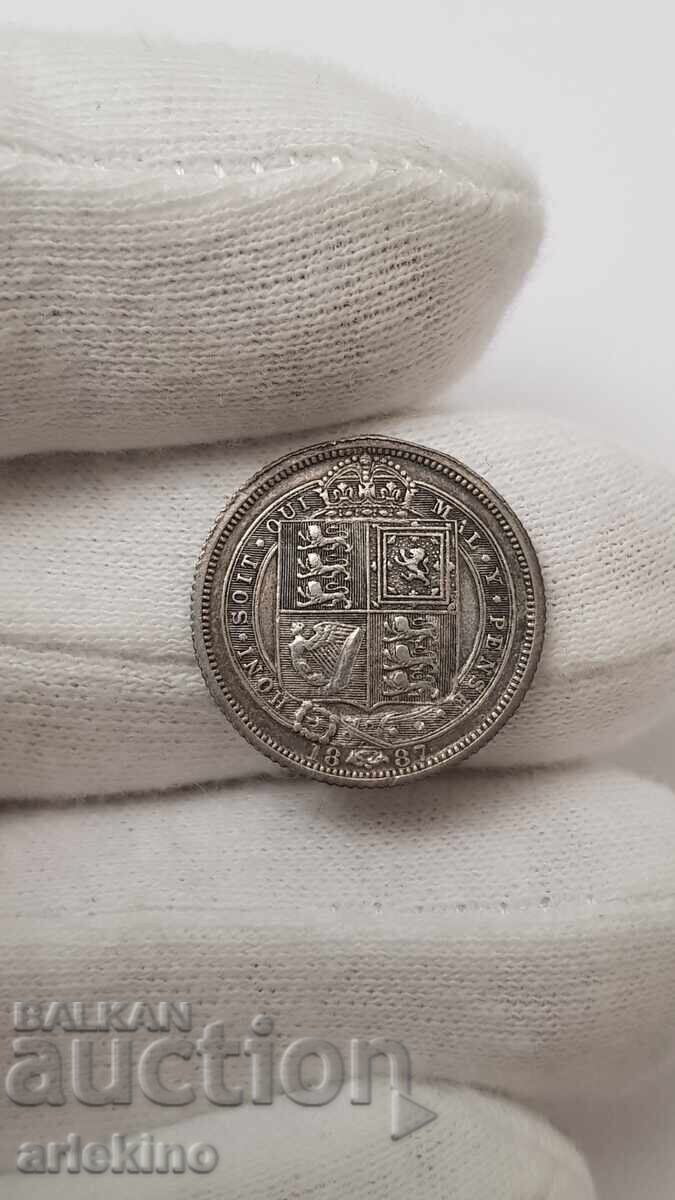 Srebŭrια σπάνιo νόμισμα 6 πένες 1887 Ηνωμένο Βασίλειο με τιμή 65.00 BGN | € 33.23