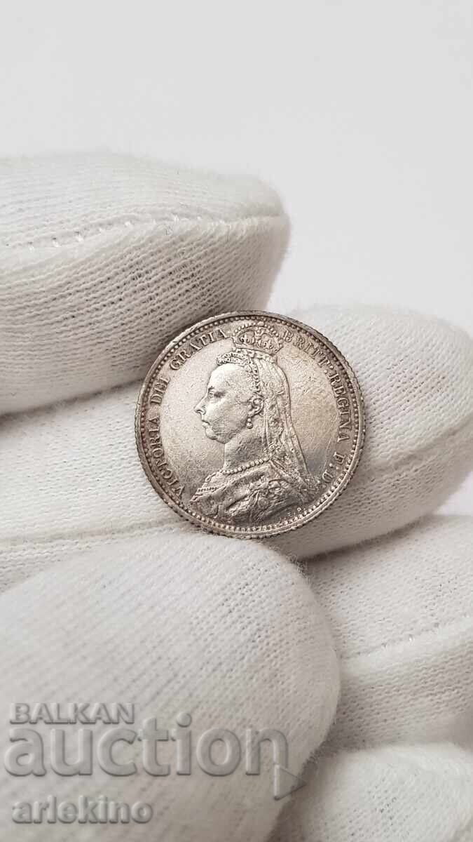 Srebŭrια σπάνιo νόμισμα 6 πένες 1887 Ηνωμένο Βασίλειο - 5