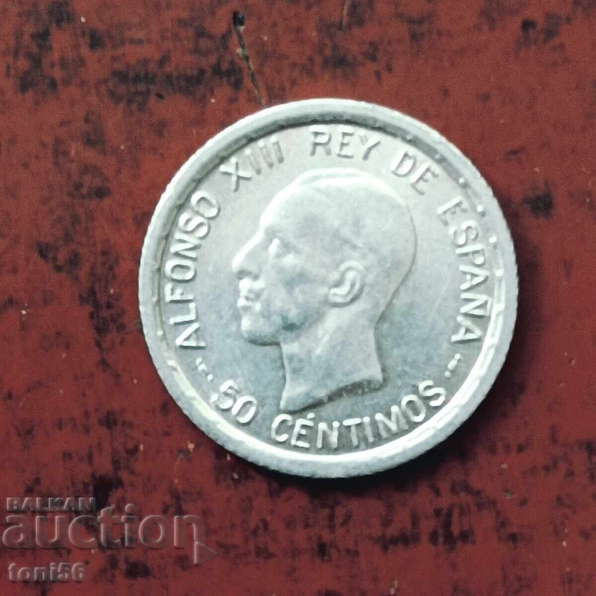 Испания 50 сентимос 1926 UNC - сребро с цена 22.00 лв. | € 11.25