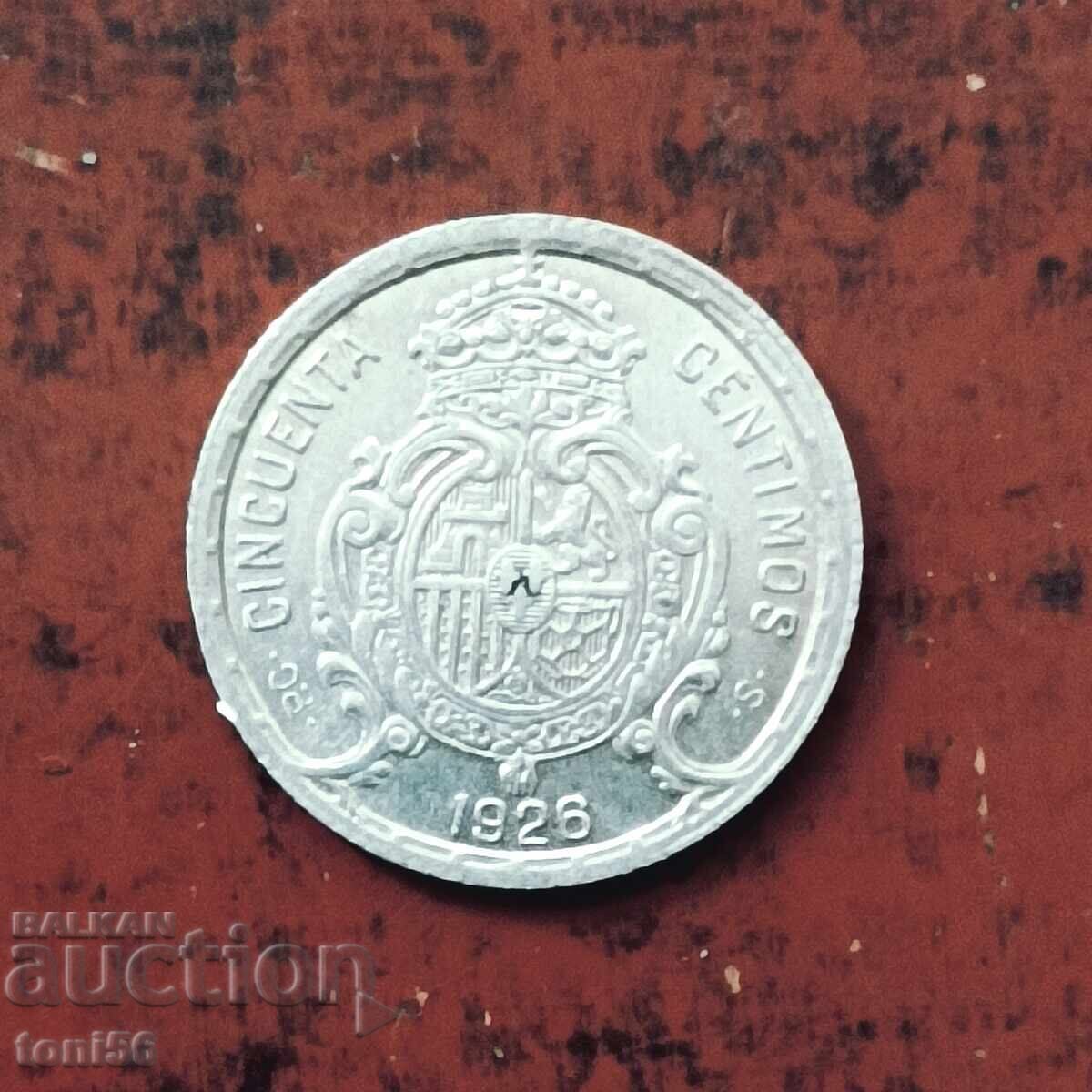 Испания 50 сентимос 1926 UNC - сребро