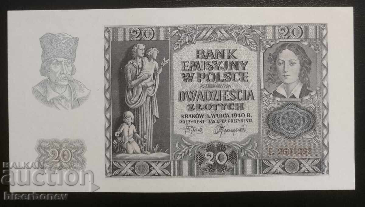 20 zloți Polonia 1940, Poland 20 zloți 1940, UNC