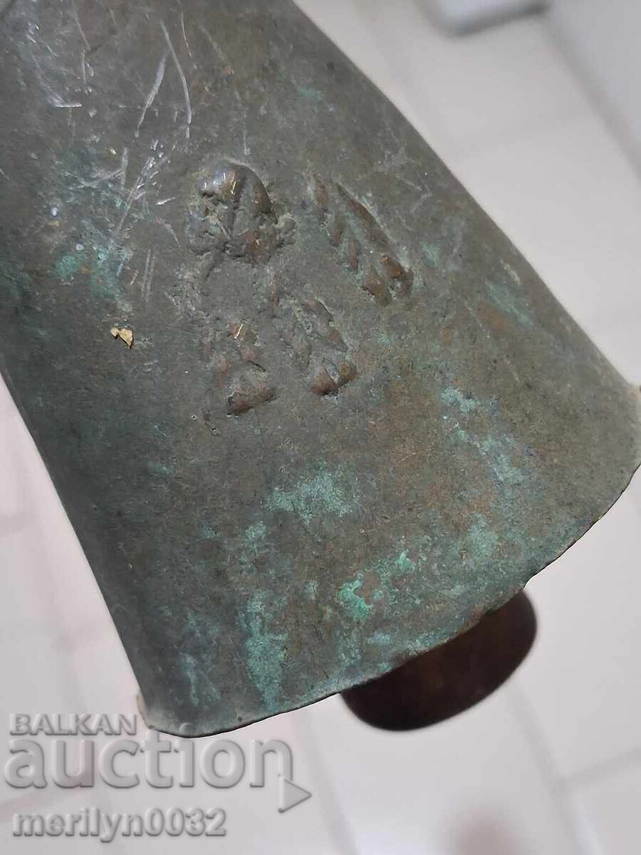 Old bronze cauldron with leather strap, bell, clapper, chime with price 119.00 BGN | € 60.84
