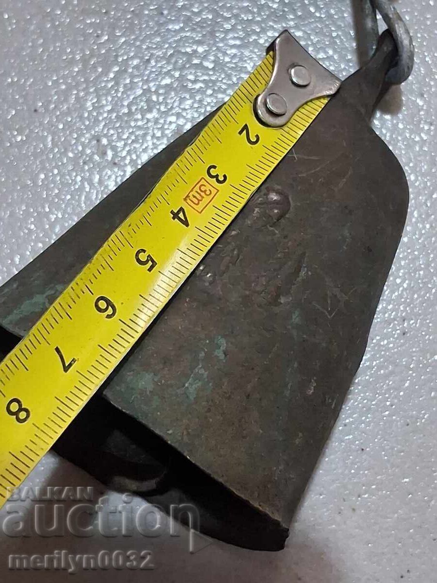 Delivery of Old bronze cauldron with leather strap, bell, clapper, chime