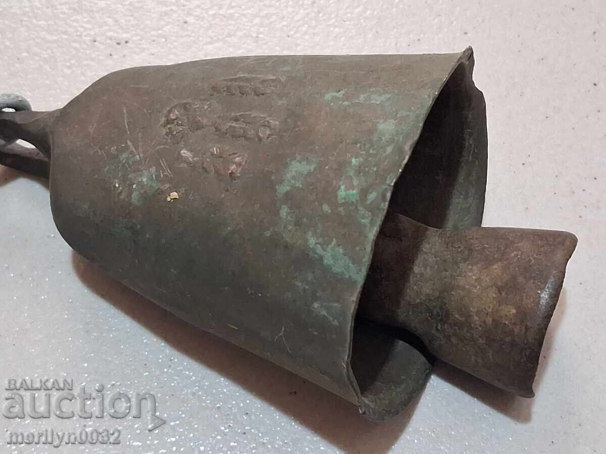 Old bronze cauldron with leather strap, bell, clapper, chime - 5