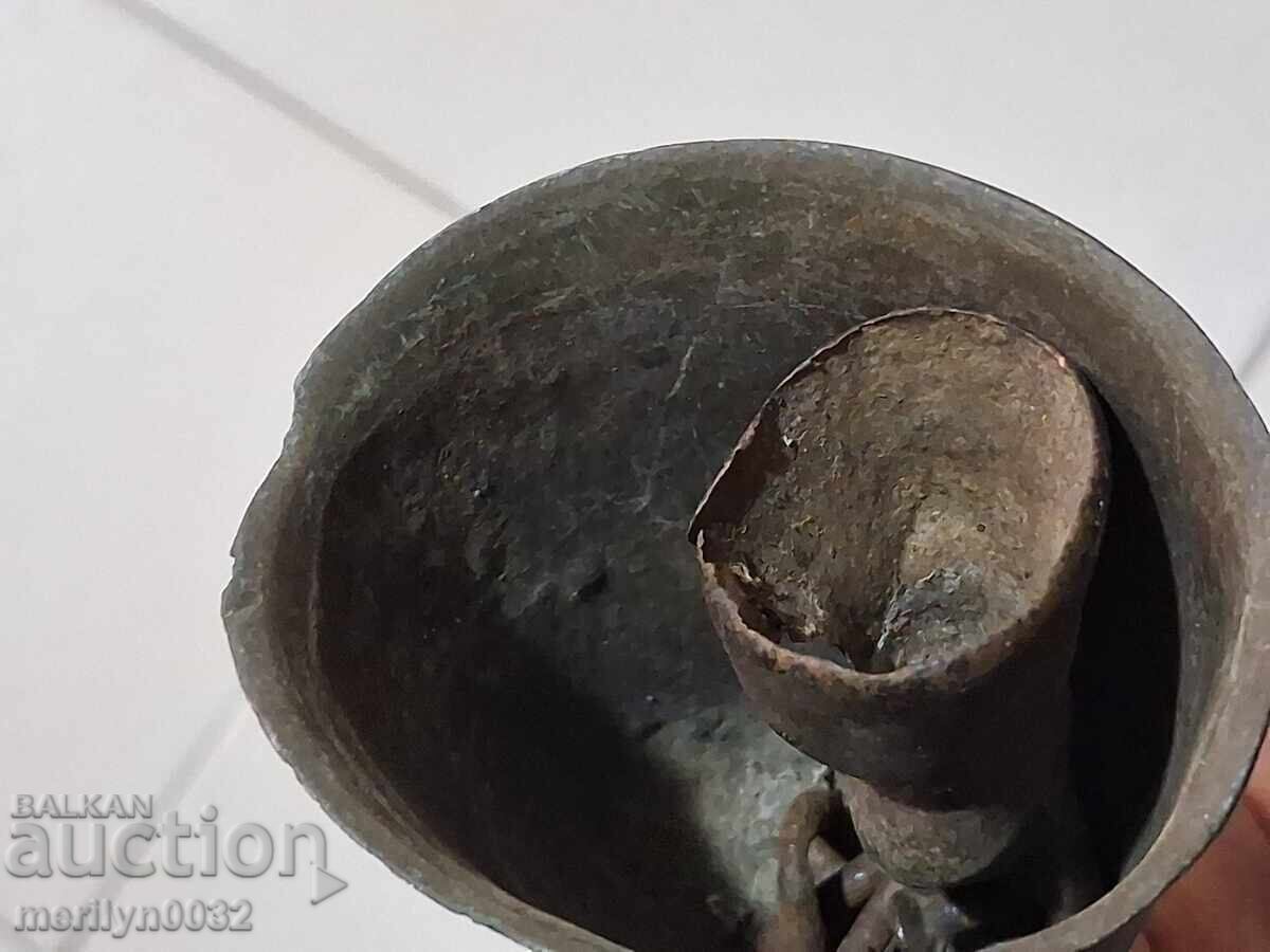 Old bronze cauldron with leather strap, bell, clapper, chime - 6