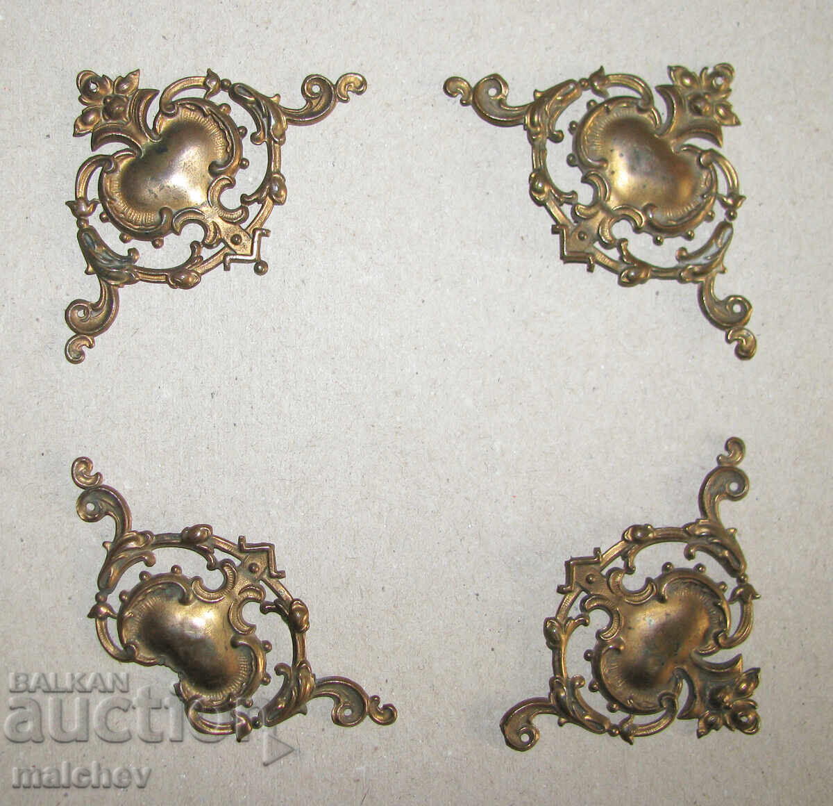 Delivery of Antique stamped brass fittings from a photo album, lot of 4 pieces Delivery of Antique stamped brass fittings from a photo album, lot of 4 pieces