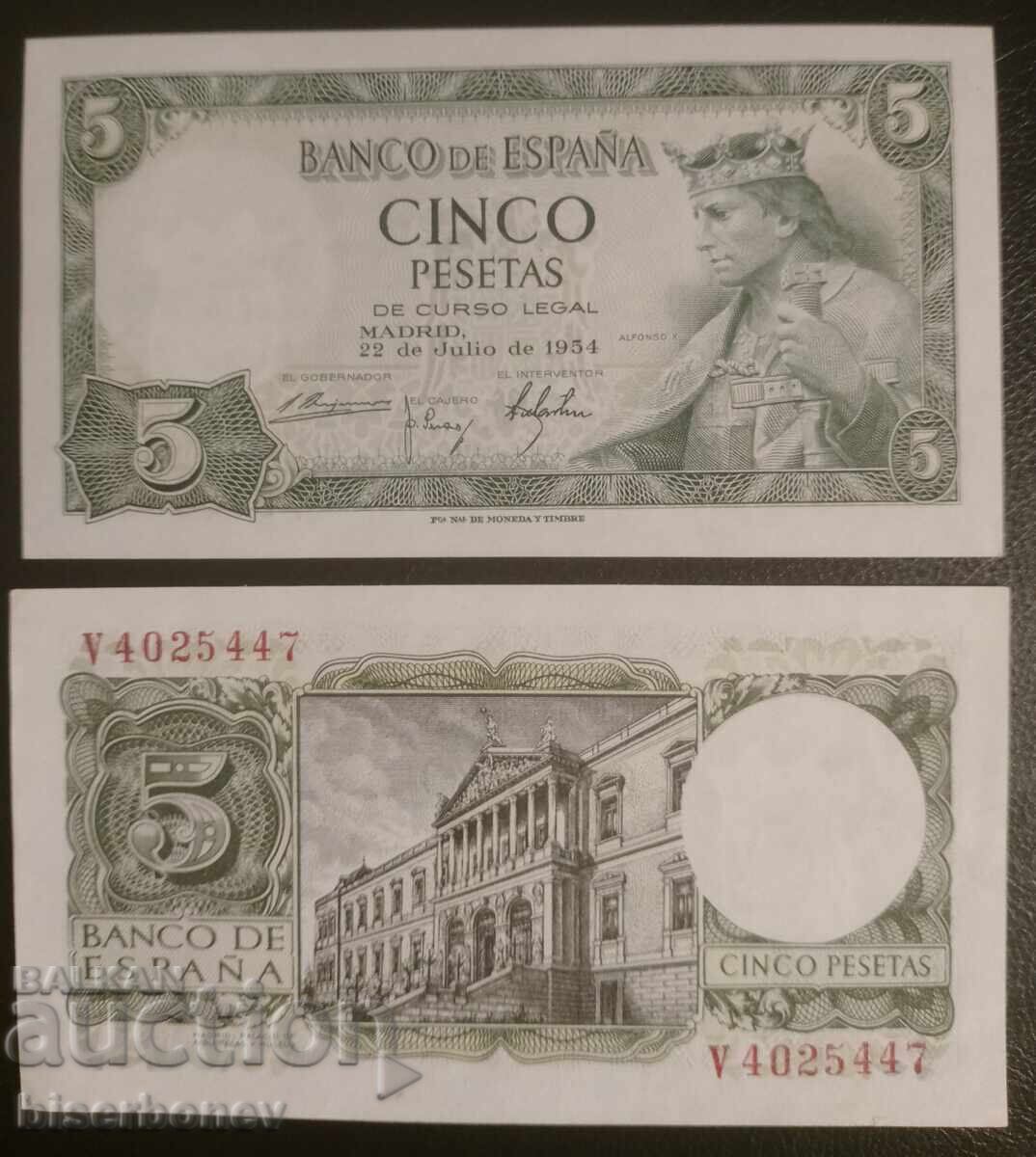 5 pesete Spania 1954, Spain 5 pesetas 1954, UNC