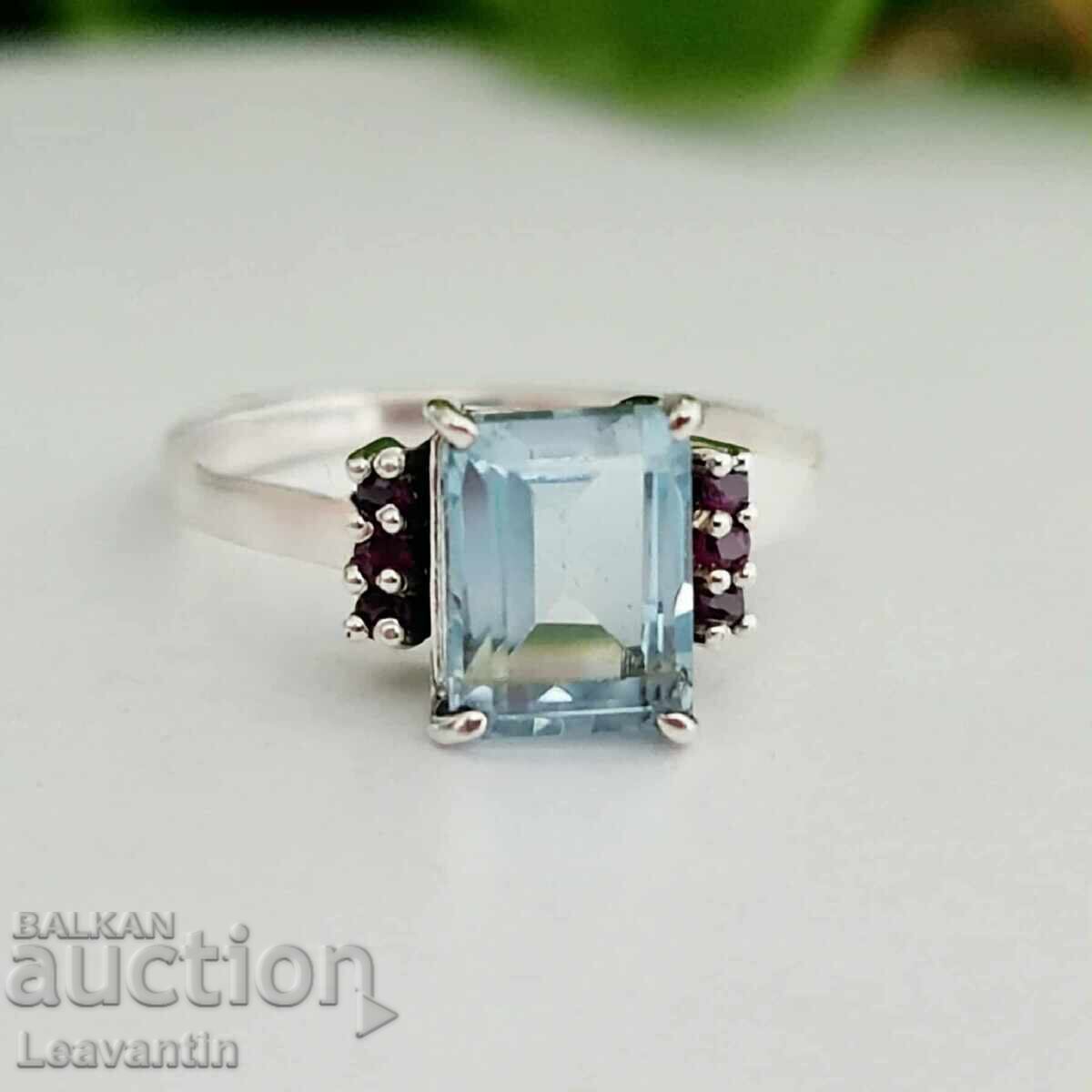 Ασημένιο δαχτυλίδι με μπλε τοπάζι και ρουμπίνια - 5