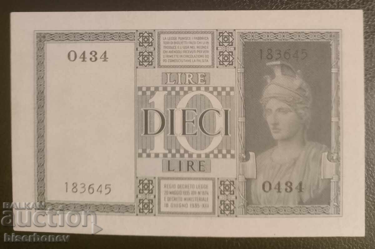10 лири Италия 1935 г, Italy 10 lire 1935 P25a, UNC с цена 52.00 лв. | € 26.59