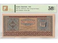 Croația 5000 Kuna 1943 Pick 13a 58 EPQ Choice About Unc