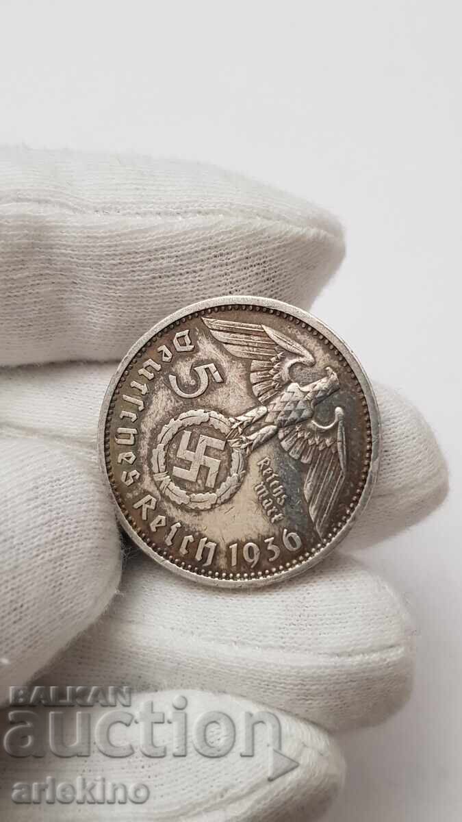 Silver Coin 5 Reich Marks 1936 Germany with price 39.00 BGN | € 19.94 Silver Coin 5 Reich Marks 1936 Germany with price 39.00 BGN | € 19.94