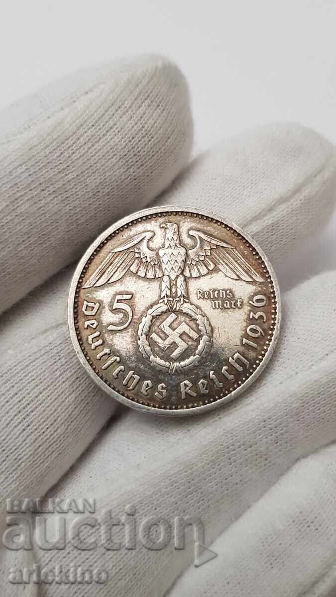 Silver Coin 5 Reich Marks 1936 Germany - 6 Silver Coin 5 Reich Marks 1936 Germany - 6