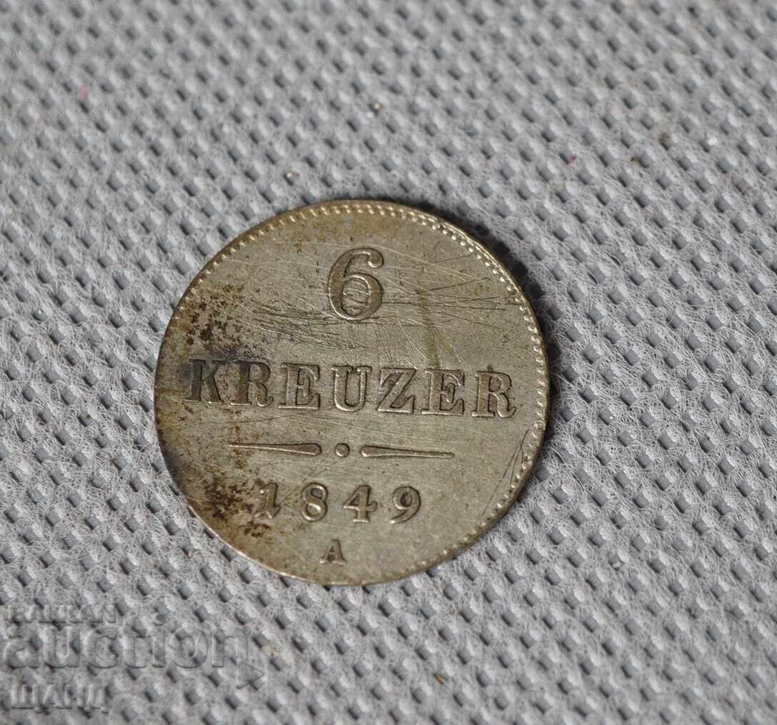1849 Monedă de argint 6 Kreuzer Austria 1849 Monedă de argint 6 Kreuzer Austria
