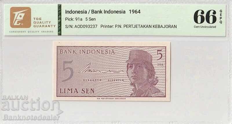 Indonesia 5 Sen 1964 Pick 91a 66 EPQ Gem Uncirculated