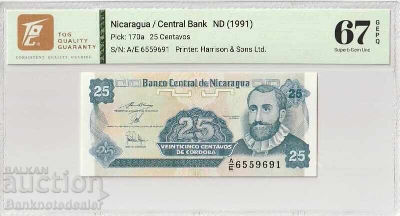 Nicaragua 25 Centavos 1991 Pick 170a 67 EPQ Superb Gem Unc