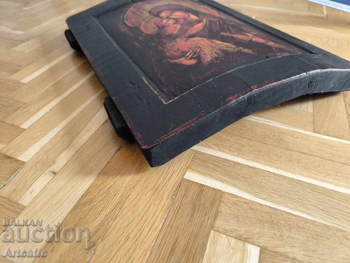 Ръчно рисувана икона "Богородица с Младенеца" върху дърво - 6