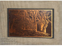Tablou de cupru original, peisaj forestier, semnat