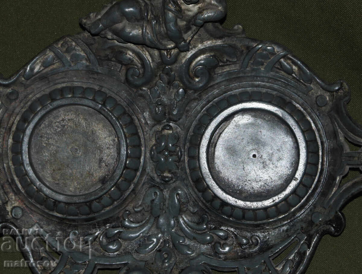 Old metal inkwell, silver-plated - 5