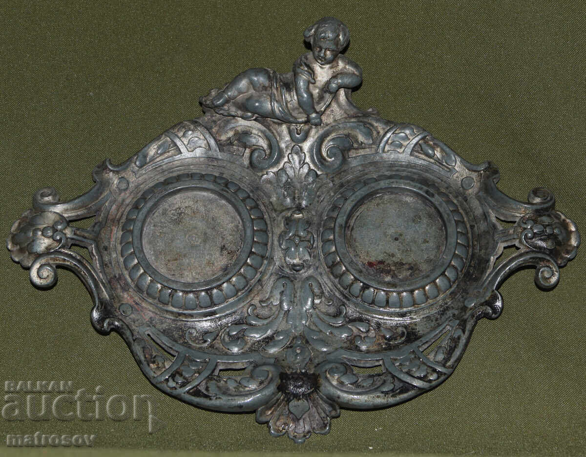 Old metal inkwell, silver-plated