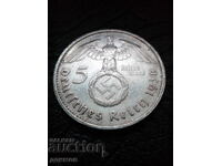 5 Marks 1938 Year Letter E Germany Silver