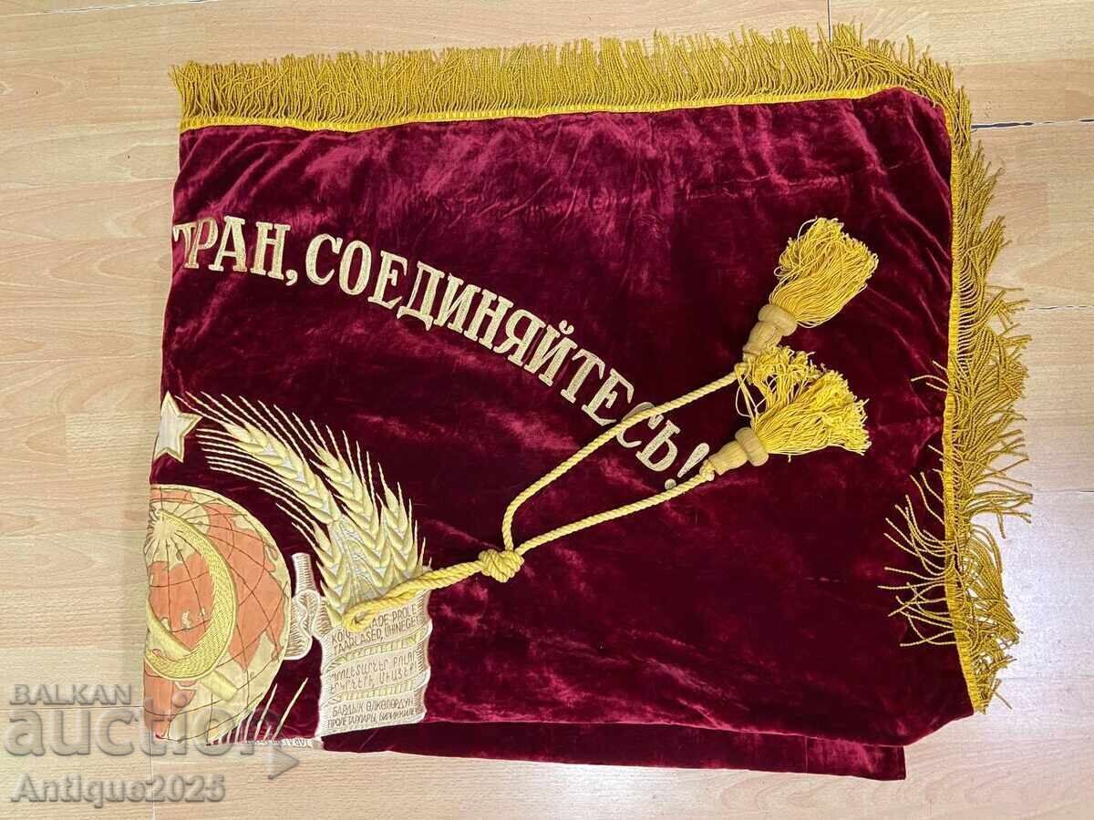 Steag de catifea sovietic cu stemă brodată a URSS și Lenin - 5