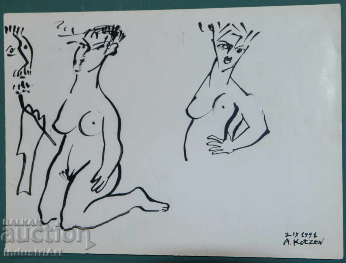 Auction  Modern art ink abstract portrait nude bodies