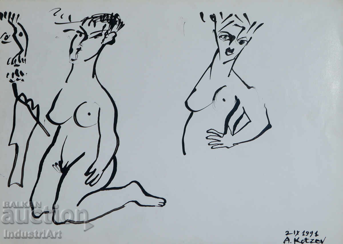 Modern art ink abstract portrait nude bodies