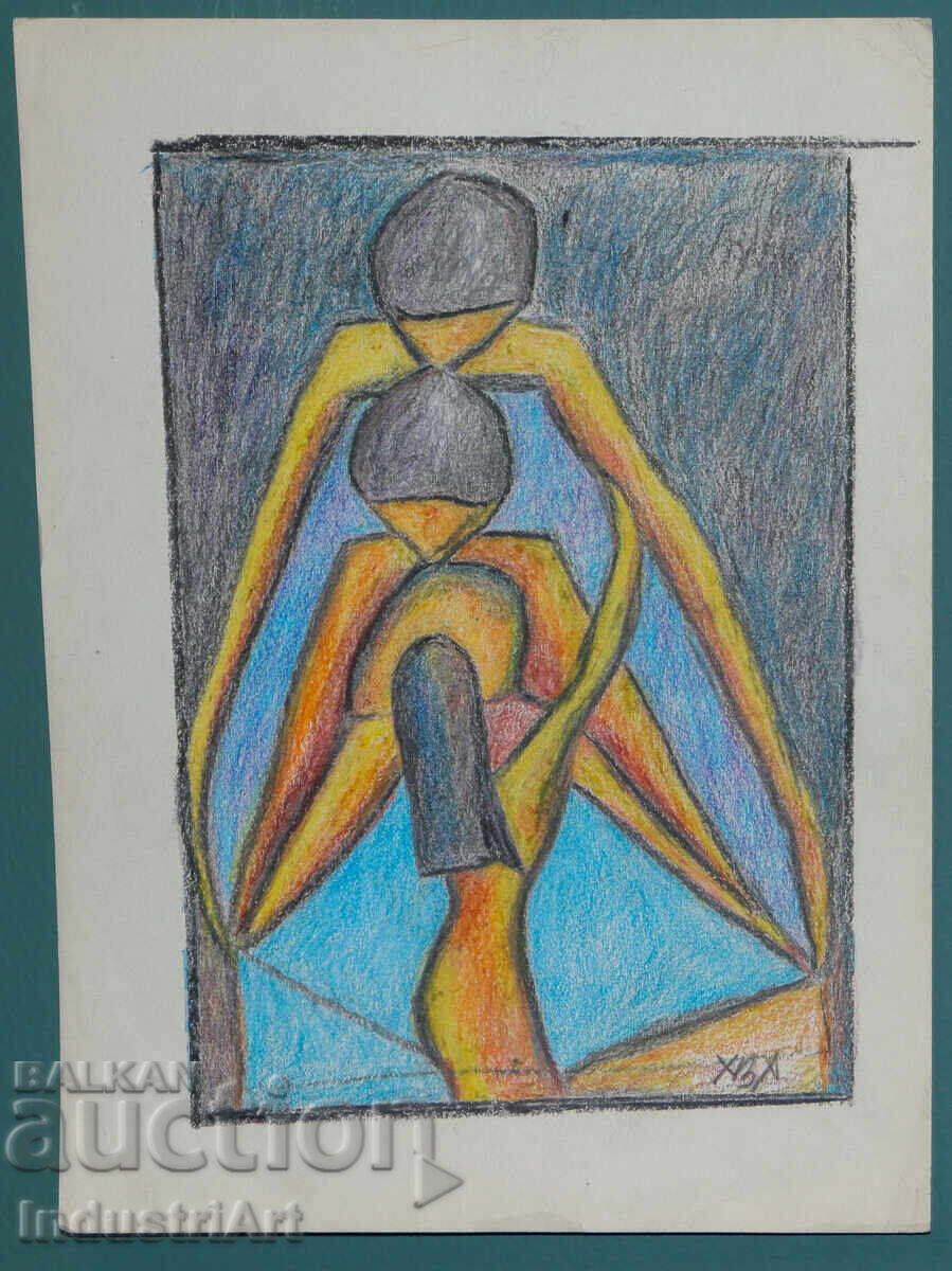 Auction  Modern Art Pastel Abstract Portrait Nude Bodies