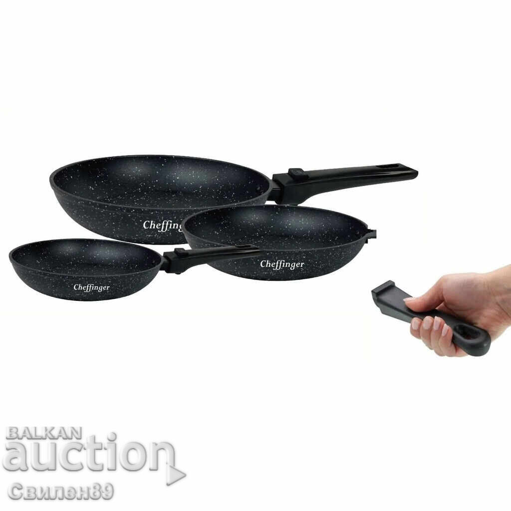 Delivery of Set of 3 Cheffinger induction pans with removable handles