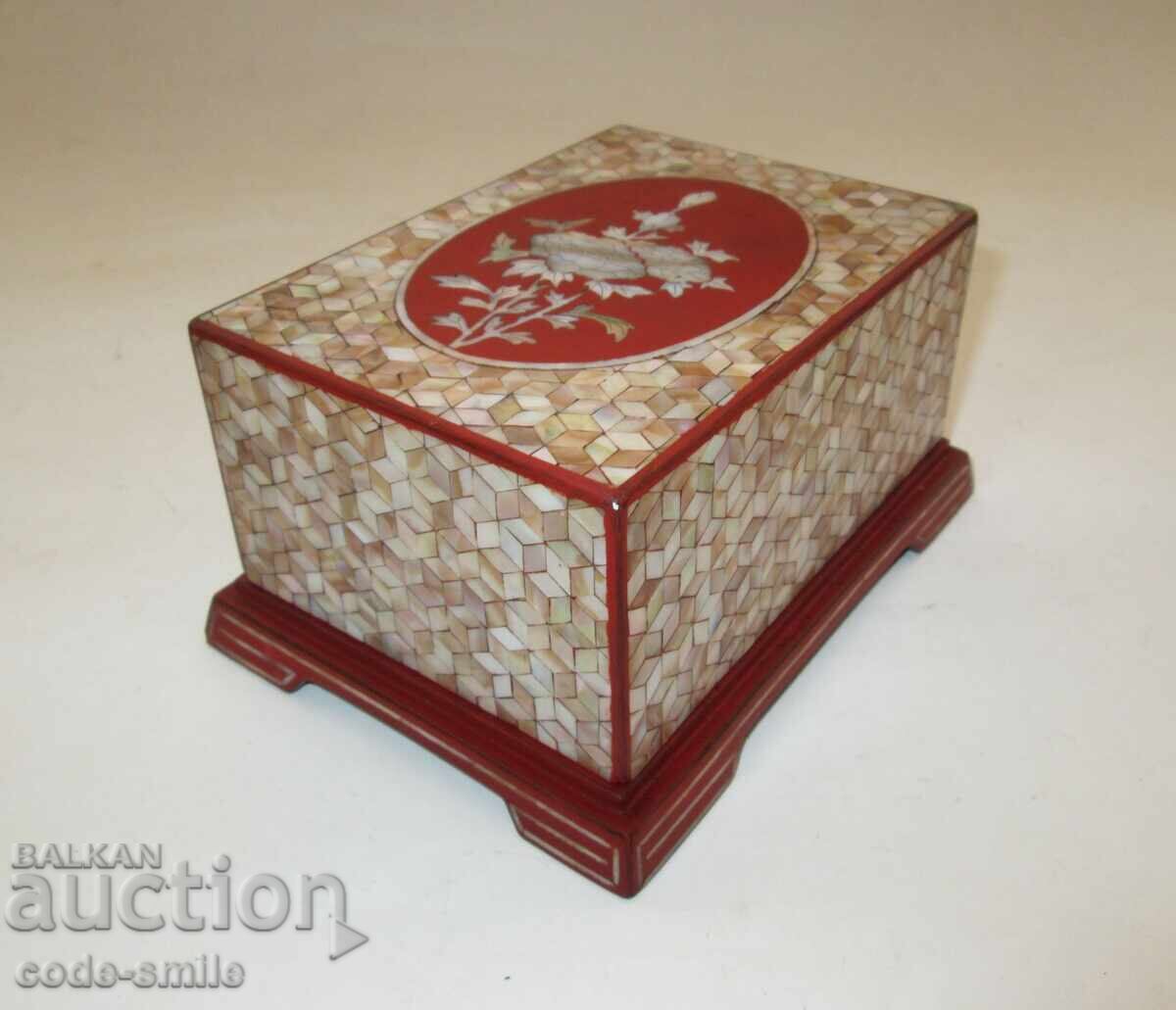 Old mother-of-pearl jewelry box with rich mother-of-pearl inlay