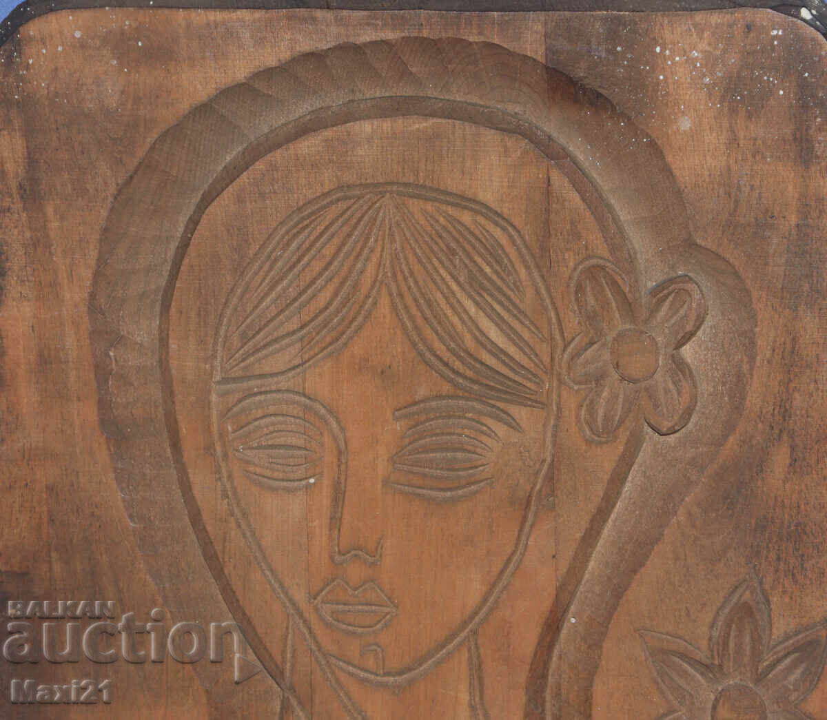 Δημοπρασία Ξυλόγλυπτο πάνελ γυναικείο πορτρέτο κοπέλα