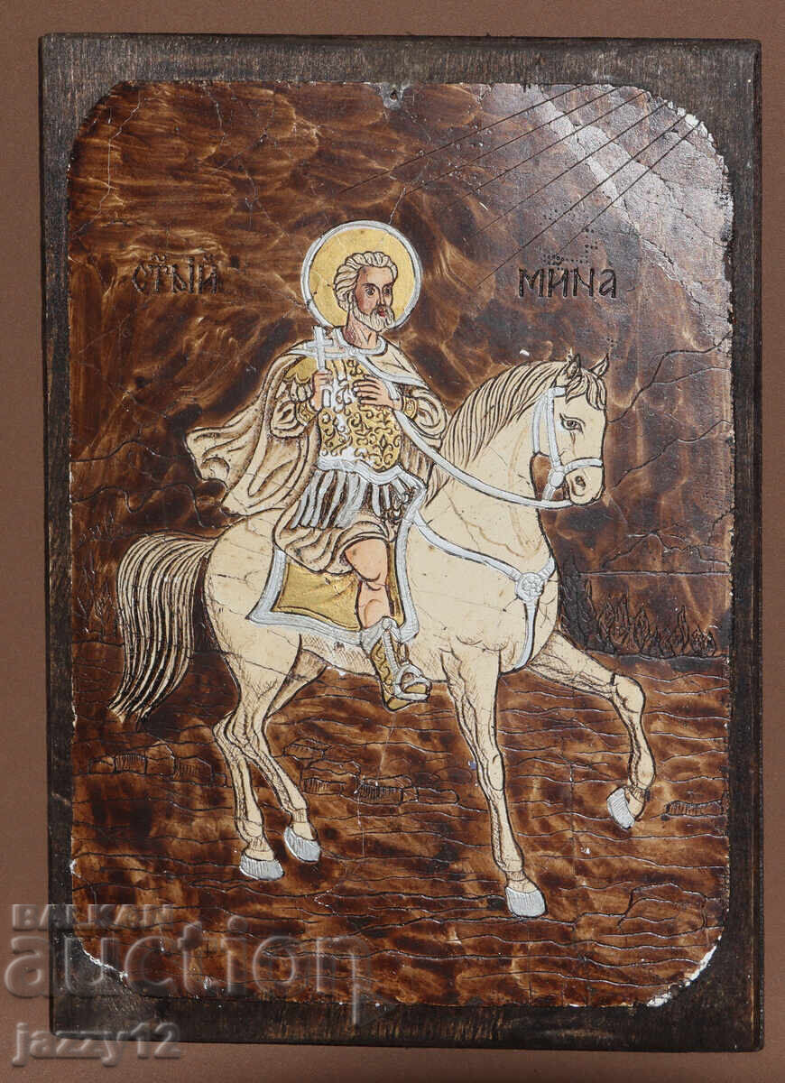 Icoană ortodoxă pe lemn Sfântul Mina călare