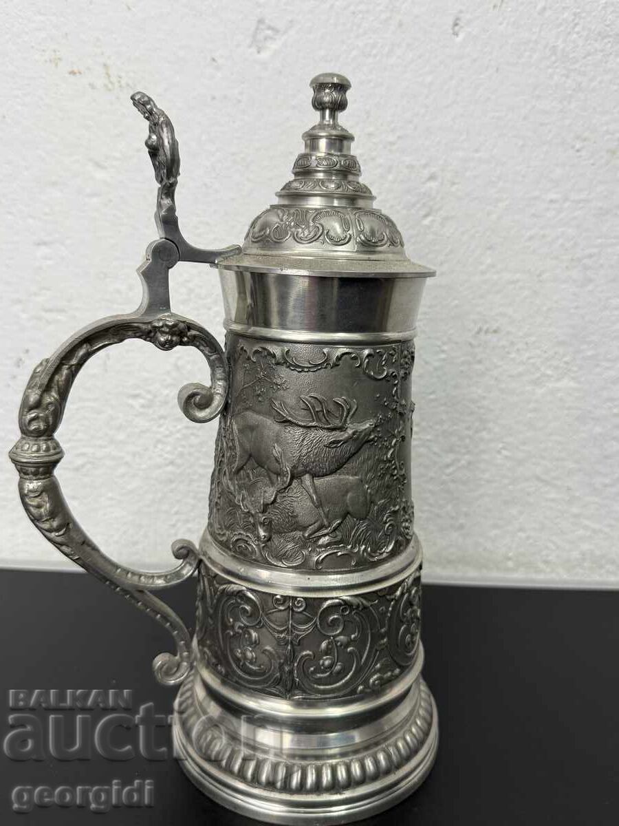 Cană unică de staniu cu capac / motive de vânătoare. Nr. 7460 - 5