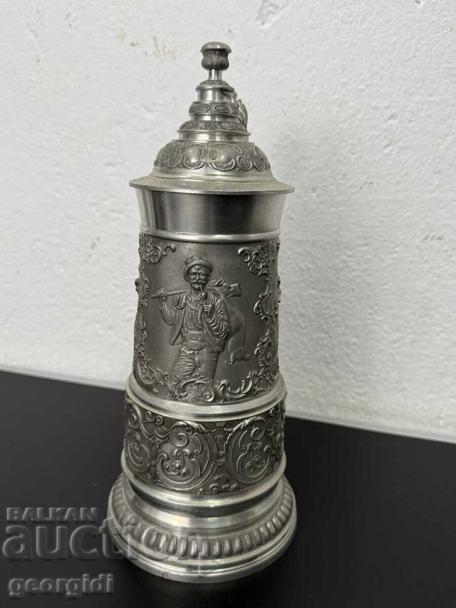 Cană unică de staniu cu capac / motive de vânătoare. Nr. 7460 - 6